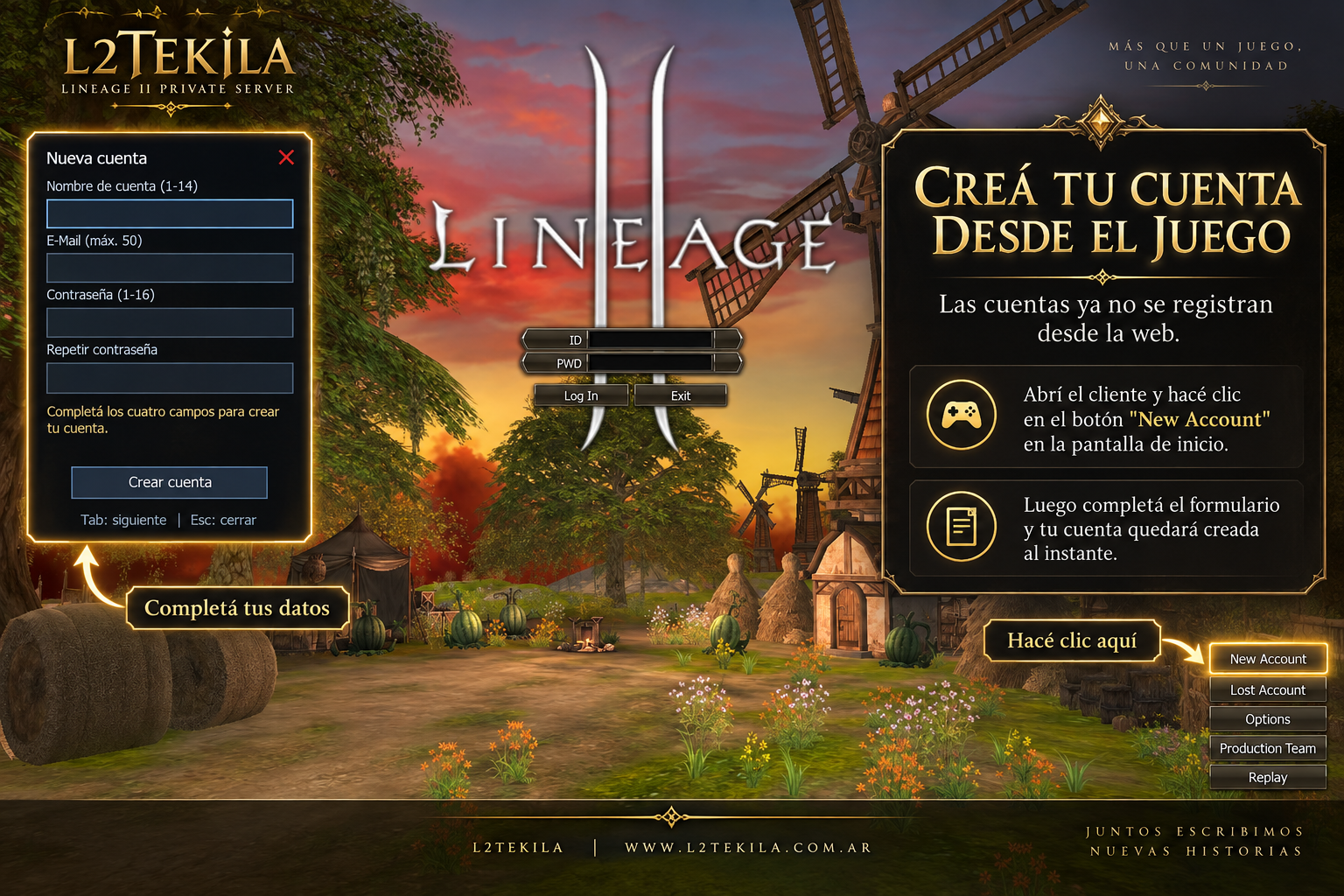 Guía visual para crear una cuenta dentro del juego usando el botón New Account.